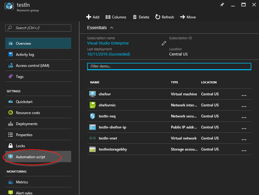 Automation Script Blade in Azure Portal